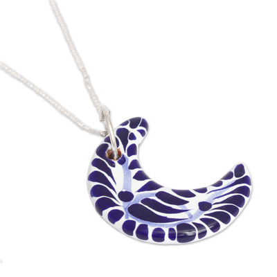 Collar colgante de cerámica - Collar con colgante de media luna azul estilo puebla de cerámica