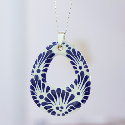 Ceramic pendant necklace, 'Indigo Morning' - Ceramic Puebla-Style Blue Floral Egg-Shaped Pendant Necklace