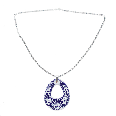 Ceramic pendant necklace, 'Indigo Morning' - Ceramic Puebla-Style Blue Floral Egg-Shaped Pendant Necklace
