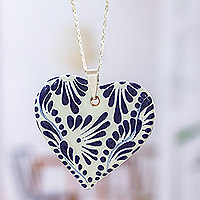 Ceramic heart necklace, 'True Blue'