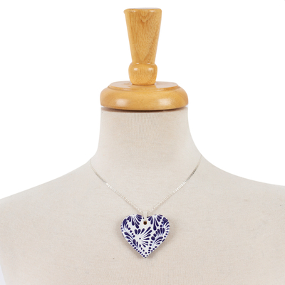 Ceramic heart necklace, 'True Blue' - Ceramic Puebla-Style Blue Floral Heart Pendant Necklace