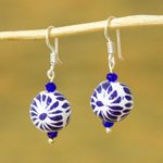 Ceramic bead dangle earrings, 'Peeking Flower' - Ceramic Puebla-Style Bead Blue Floral Dangle Earrings