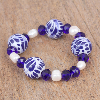 Cultured pearl and ceramic beaded stretch bracelet, Blue Celebration