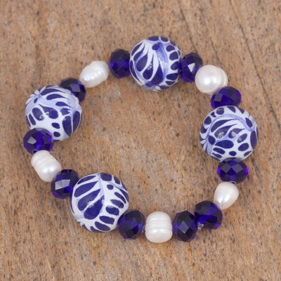 Cultured pearl and ceramic beaded stretch bracelet, 'Blue Celebration' - Cultured Pearl and Ceramic Puebla Bead Stretch Bracelet