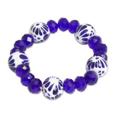 Ceramic Puebla Bead and Blue Crystal Bead Stretch Bracelet
