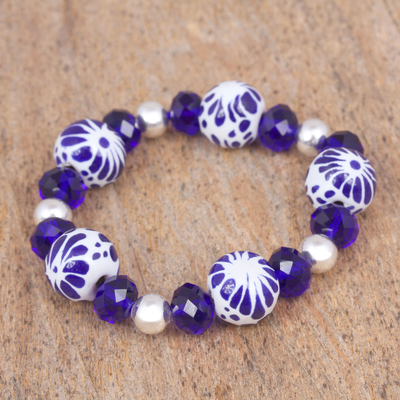 Ceramic beaded stretch bracelet, 'Indigo Twilight' - Ceramic Puebla Bead, Blue and Silver Stretch Bracelet