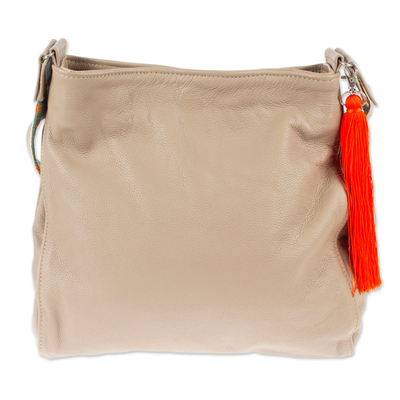Leather shoulder bag, 'Cityslicker' - Taupe Leather Shoulder Bag with Interior Pockets