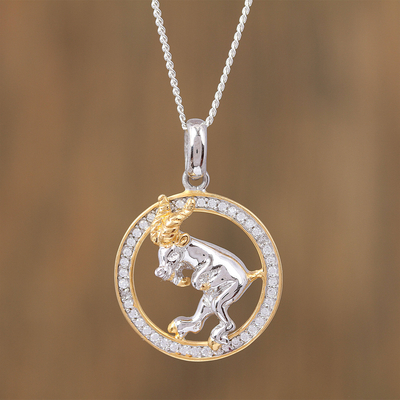 Aries Gold Accent Sterling Silver Pendant Necklace, 'Celestial Ram'