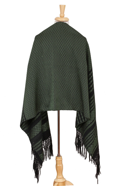 Cotton rebozo shawl, 'Evening Drama' - Green on Black Handwoven Fringed Mexican Rebozo Shawl