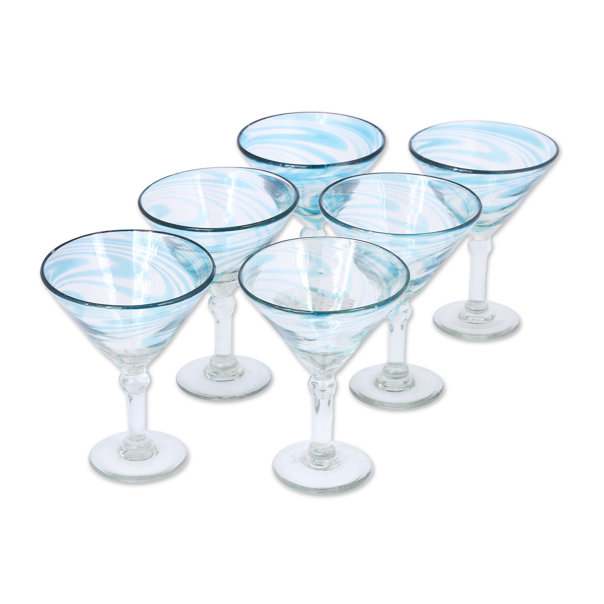 Handblown Recycled Glass Martini Glasses (6) from Mexico Cerulean