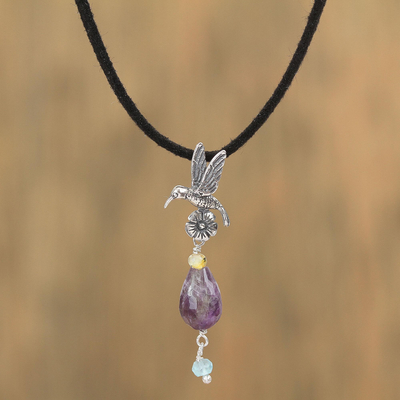 Amethyst pendant necklace, 'Sparkling Hummingbird' - Adjustable Amethyst Hummingbird Pendant Necklace from Mexico