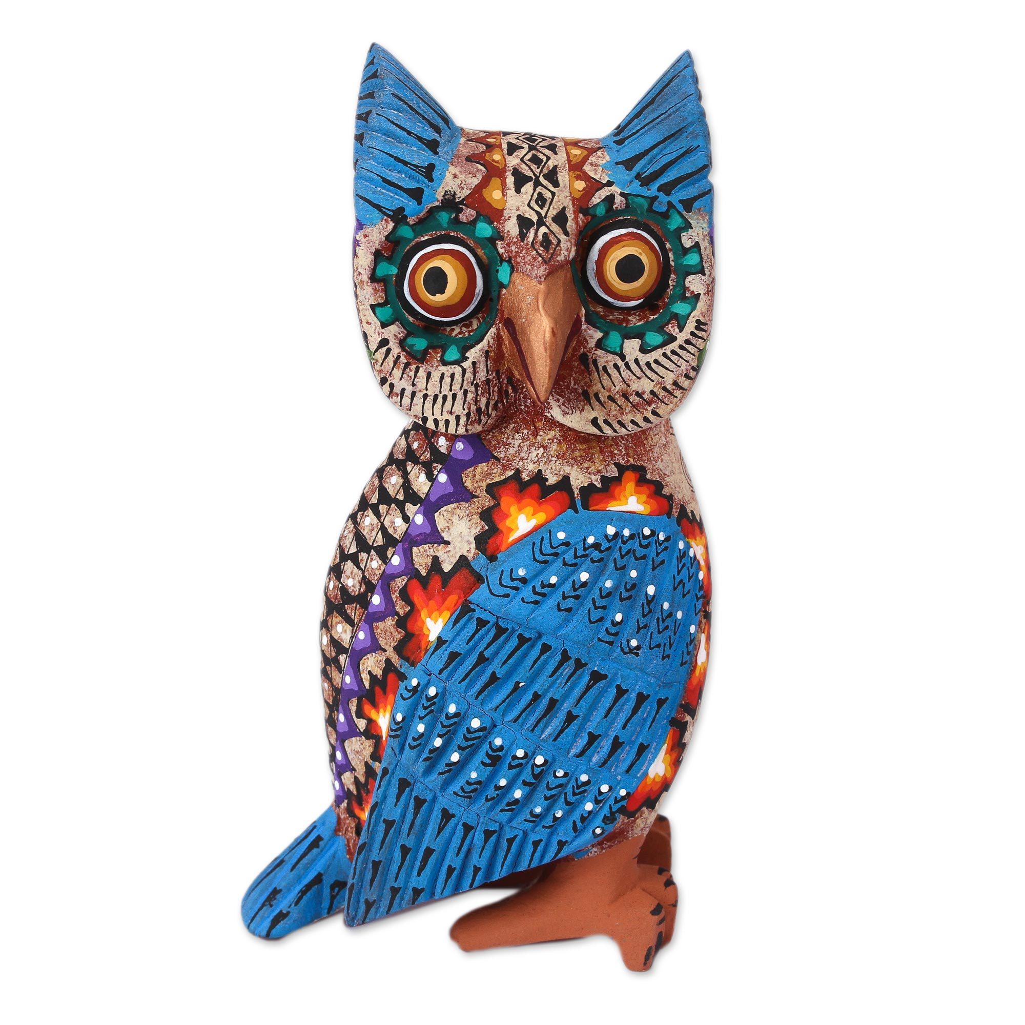 Hand-Painted Wood Alebrije Owl Sculpture from Mexico - Wise Oaxaca | NOVICA