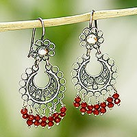 Crystal filigree dangle earrings, 'Moon and Flower' - Red Crystal Filigree Dangle Earrings from Mexico