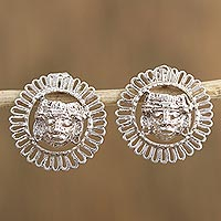 Sterling silver button earrings, 'Framed Faces' - Artisan Crafted Sterling Silver Button Earrings from Mexico