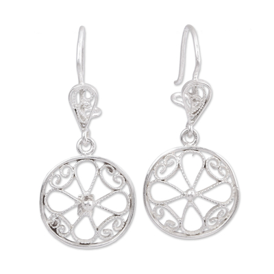 Sterling Silver Circle and Floral Filigree Dangle Earrings