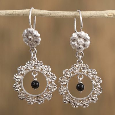 Sterling silver dangle earrings, 'Night Frame' - Sterling Silver Floral Frame Black Bead Earrings