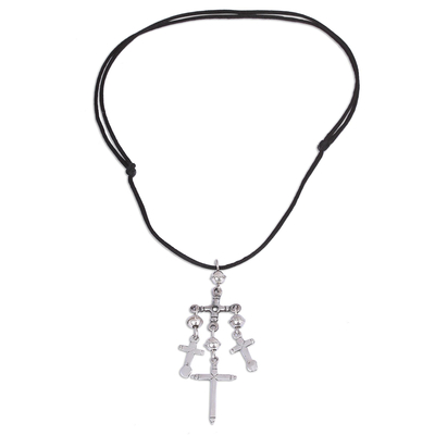Sterling silver pendant necklace, 'Linked Crosses' - Cross Motif Sterling Silver Pendant Necklace from Mexico
