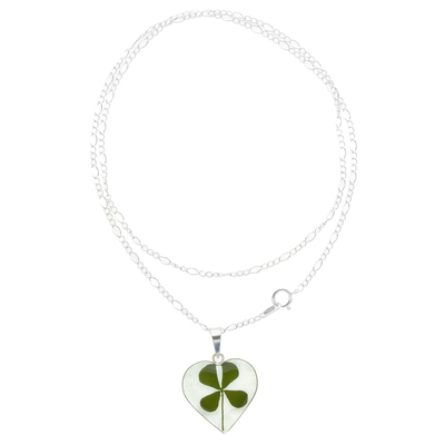 Natural leaf pendant necklace, 'Clover Heart' - Heart-Shaped Natural Clover Pendant Necklace from Mexico