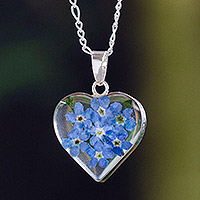 Natural flower pendant necklace, 'Forget-Me-Not Heart' - Natural Flower 'Forget-Me-Not Heart' Necklace from Mexico
