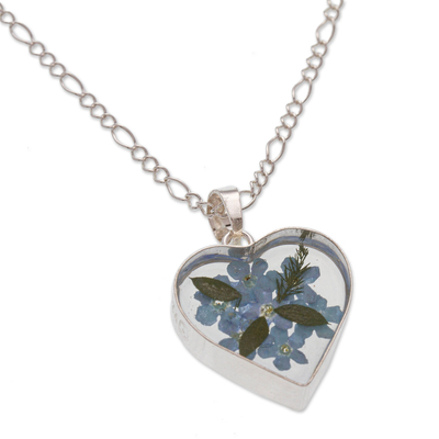 Natural flower pendant necklace, 'Forget-Me-Not Heart' - Natural Flower 'Forget-Me-Not Heart' Necklace from Mexico