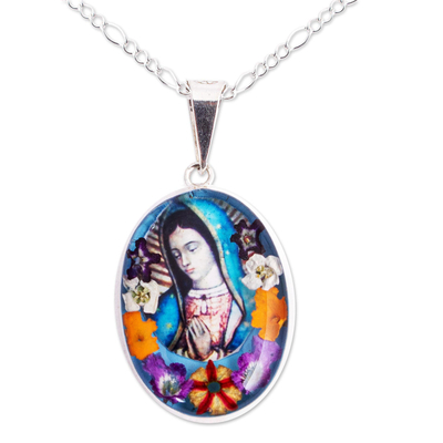 Halskette mit natürlichem Blumenanhänger - Jungfrau von Guadalupe Halskette mit natürlicher Blume und Silberkette