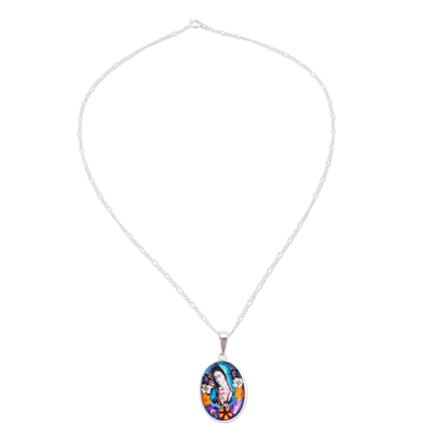 Halskette mit natürlichem Blumenanhänger - Jungfrau von Guadalupe Halskette mit natürlicher Blume und Silberkette