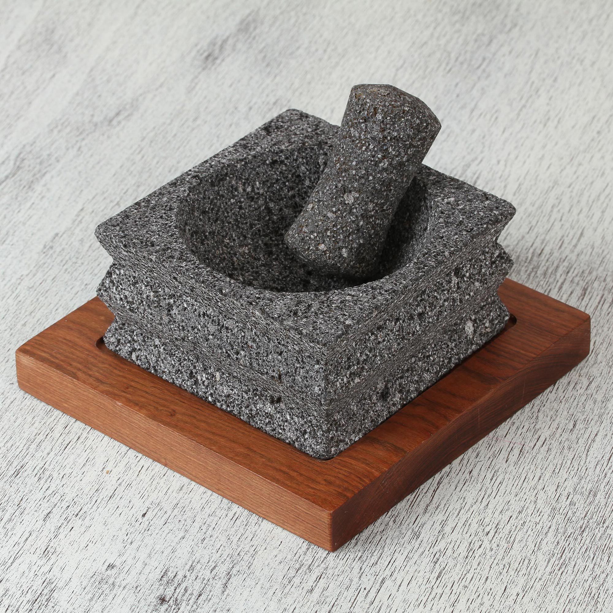 Square Basalt Stone Mortar and Pestle with Wooden Base Gastronomic