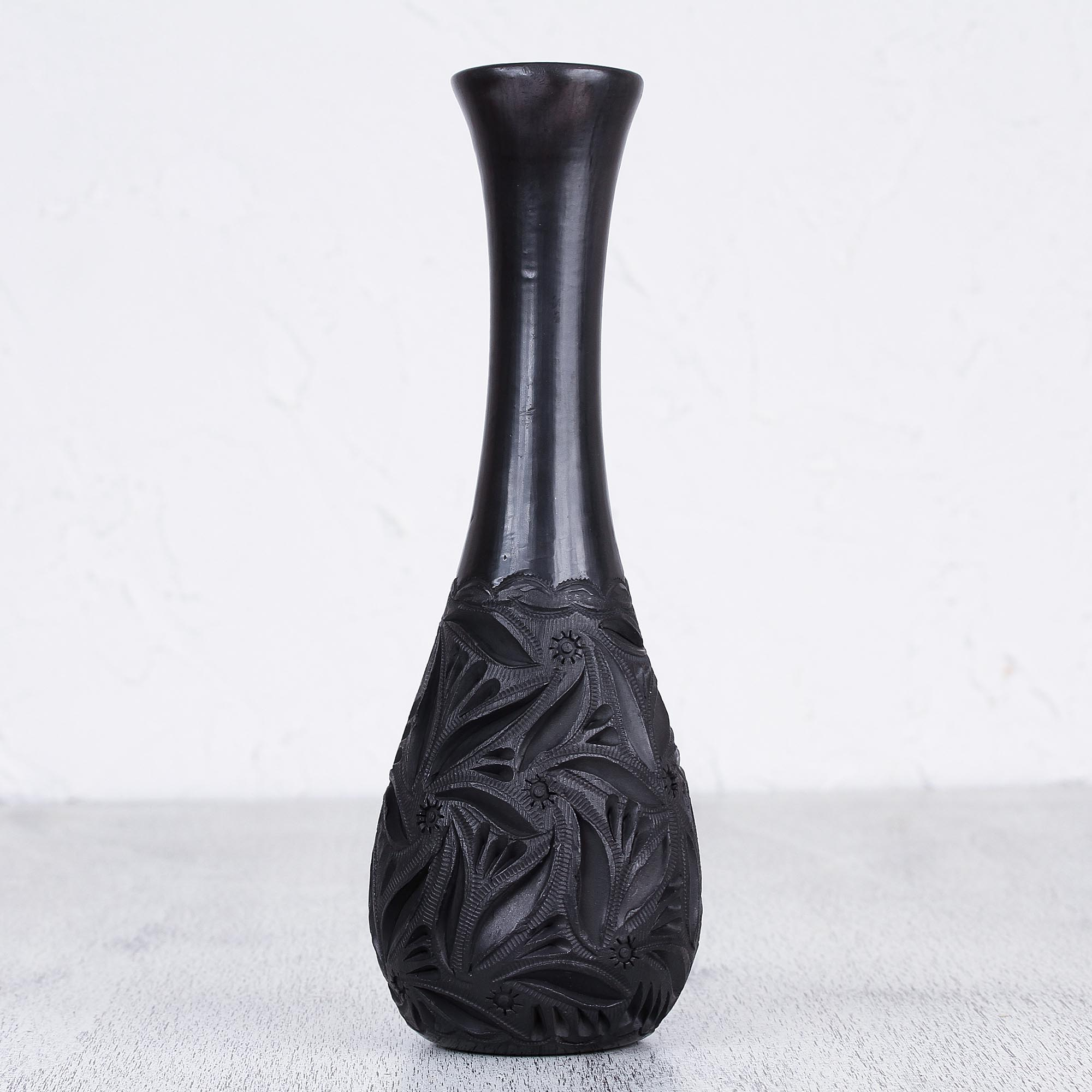 Mexican Ceramic Black Pottery Vase With Leaf Motif Oaxacan