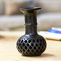 Ceramic decorative vase, 'Oaxacan Style' - Oaxaca Barro Negro Decorative Ceramic Vase