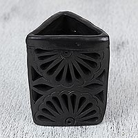 Ceramic pencil holder, 'Oaxacan Midnight' - Oaxaca Barro Negro Ceramic Triangular Pencil Holder
