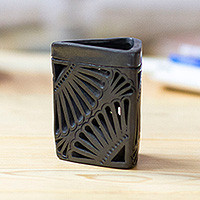 Ceramic pencil holder, 'Oaxacan Twilight' - Oaxaca Barro Negro Triangular Ceramic Pencil Holder