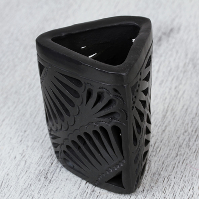 Ceramic pencil holder, 'Oaxacan Twilight' - Oaxaca Barro Negro Triangular Ceramic Pencil Holder