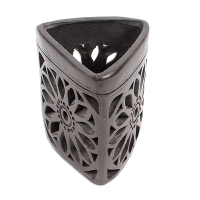 Ceramic pencil holder, 'Oaxacan Dusk' - Oaxaca Barro Negro Triangular Floral Ceramic Pencil Holder