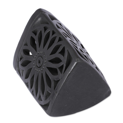 Portalápices de cerámica - Portalápices de cerámica floral triangular Oaxaca barro negro