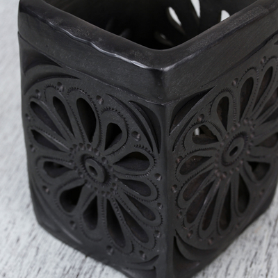 Ceramic pencil holder, 'Oaxacan Flower' - Oaxaca Barro Negro Rectangular Floral Ceramic Pencil Holder