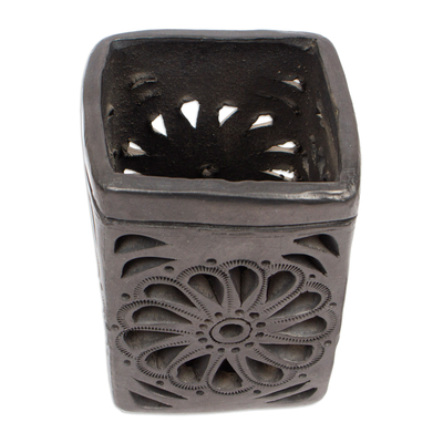 Ceramic pencil holder, 'Oaxacan Flower' - Oaxaca Barro Negro Rectangular Floral Ceramic Pencil Holder