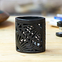 Portalápices de cerámica, 'Oaxacan Oval' - Oaxaca Barro Negro Oval Ceramic Pencil Holder