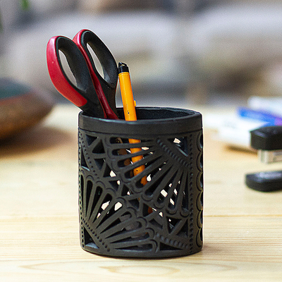 Ceramic pencil holder, 'Oaxacan Oval' - Oaxaca Barro Negro Oval Ceramic Pencil Holder