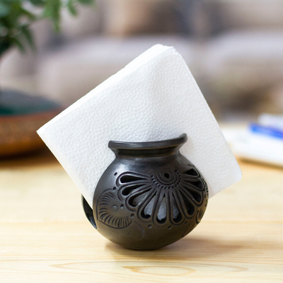 Ceramic napkin holder, 'Fan Flower' - Oaxaca Barro Negro Ceramic Napkin Holder