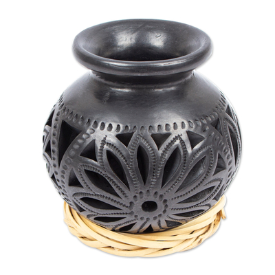 Ceramic decorative vase, 'Dark Petals' - Openwork Floral Ceramic Decorative Vase from Mexico