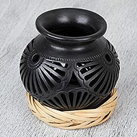 Ceramic decorative vase, 'Dark Bouquet' - Floral Barro Negro Ceramic Decorative Vase from Mexico