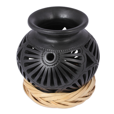 Floral Barro Negro Ceramic Decorative Vase from Mexico