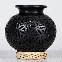 Ceramic decorative vase, 'Oaxacan Stars' - Round Openwork Oaxaca Barro Negro Decorative Ceramic Vase