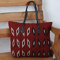 Leather accent Zapotec wool tote, 'Heartland' - Crimson with Ivory and Blue Diamonds Handwoven Wool Tote