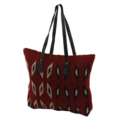 Crimson with Ivory and Blue Diamonds Handwoven Wool Tote