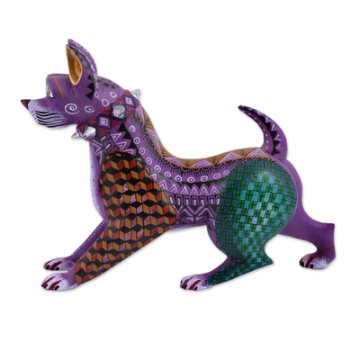 Wood alebrije figurine, 'Purple Pup Guardian' - colourful Handcrafted Wood Alebrije Dog with Studded Collar