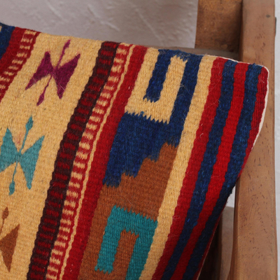 Kissenbezug aus Zapotec-Wolle, 'Butterfly Geometry' - Handgewebter geometrischer Zapotec-Woll-Kissenbezug aus Mexiko
