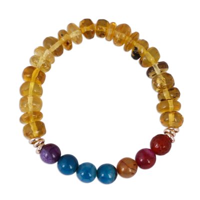 Amber and Multi-Colored Agate Beaded Stretch Bracelet