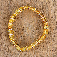 Amber stretch bracelet, 'Double Glow' - Handcrafted Amber and Gold-Plated Bead Stretch Bracelet