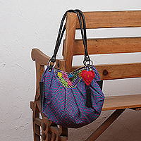 Leather accent cotton hobo bag, 'Boho Garden' - Colorful Cotton Hobo Shoulder Bag with Embroidered Flowers